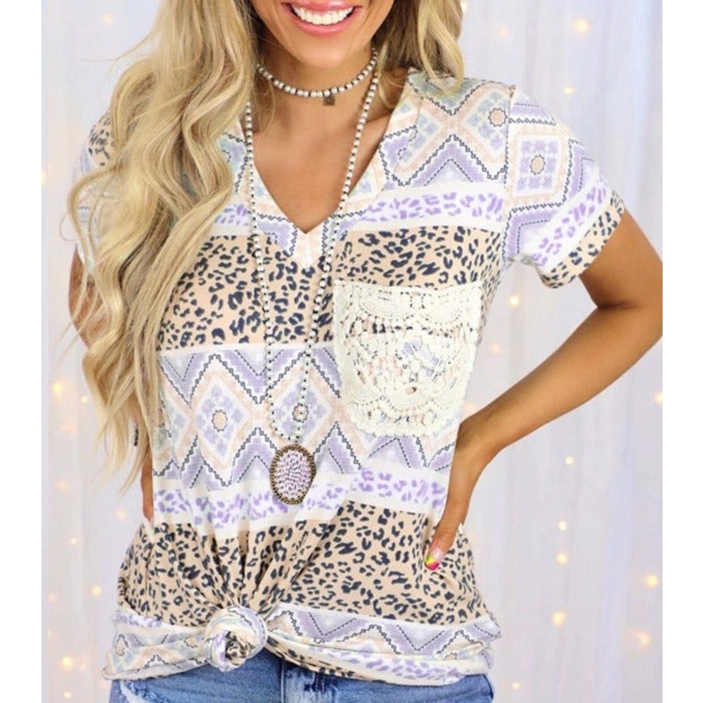Purple Mixed Pattern Lace Pocket Short Sleeve Top, Small, Women, v-neck